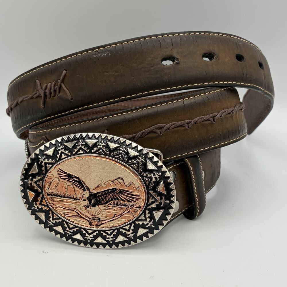 Vintage Nocona Brown Leather Belt Barbed Wire Bull Design Size 38 Eagle Buckle